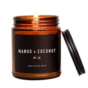 Sweet Water Decor Mango + Coconut Candle | Pineapple, Mango, Coconut Milk, Orange and Peach Tropical Summer Scented Soy Candles for Home | 9oz Amber Jar, 40 Hour Burn Time, Made in the USA